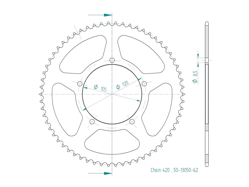 Kettenrad Alu 55 Zähne CNC (420) KSR Moto TR50 SM / Malaguti XSM 50 Motard